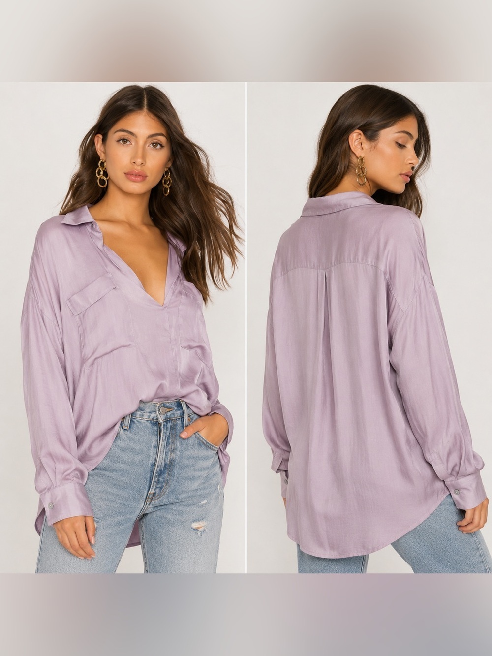 Free People Washed Lavender V-Neck Button-Back Blouse